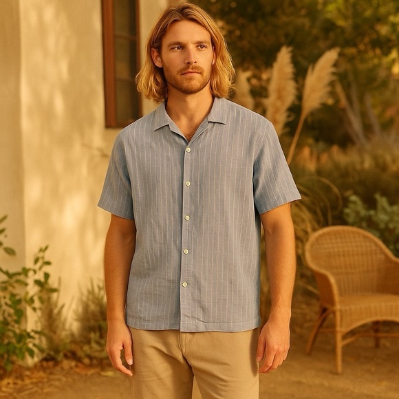 Folk Men's Harris Linen Blend Blue Striped Button Down Shirt - Picture 1 of 5